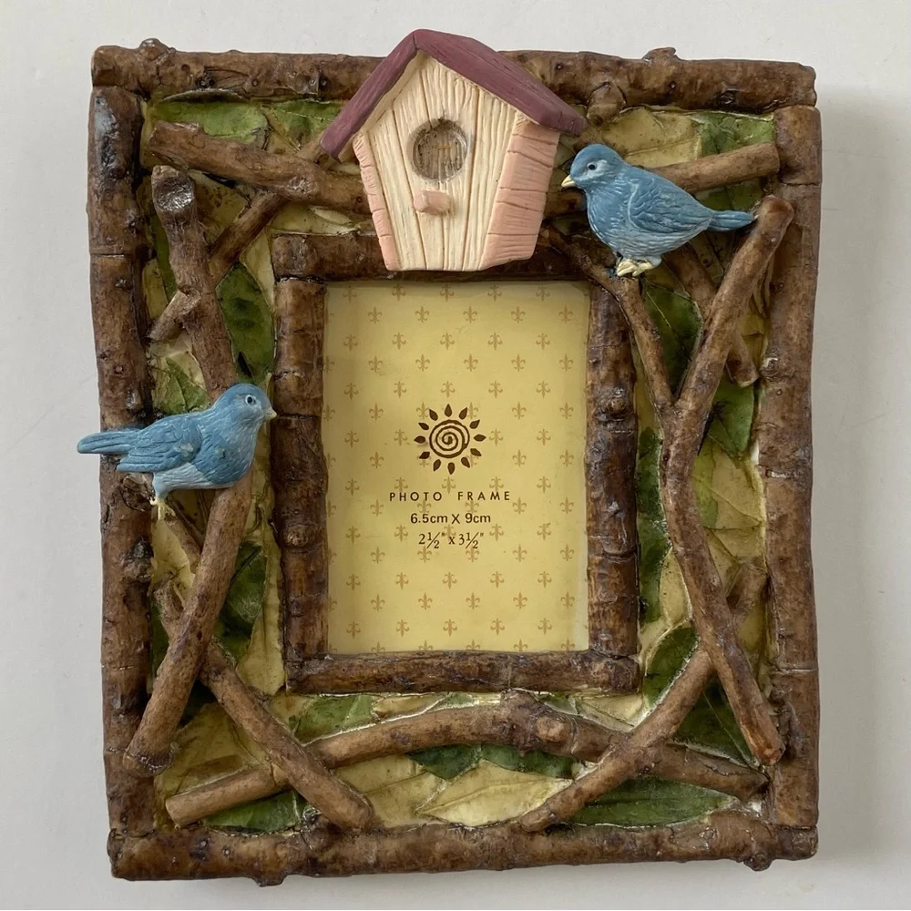 Blue Bird Frame Photo 2.5” X 3.5” Picture Birdhouse Branches Wood Resin Nature